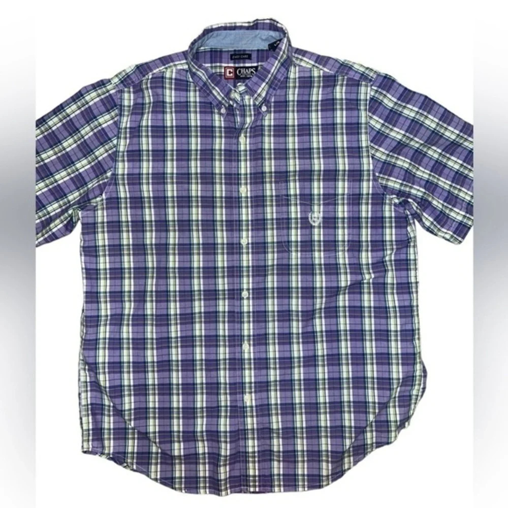 Chaps Short Sleeve Button Down Purple Plaid Shirt